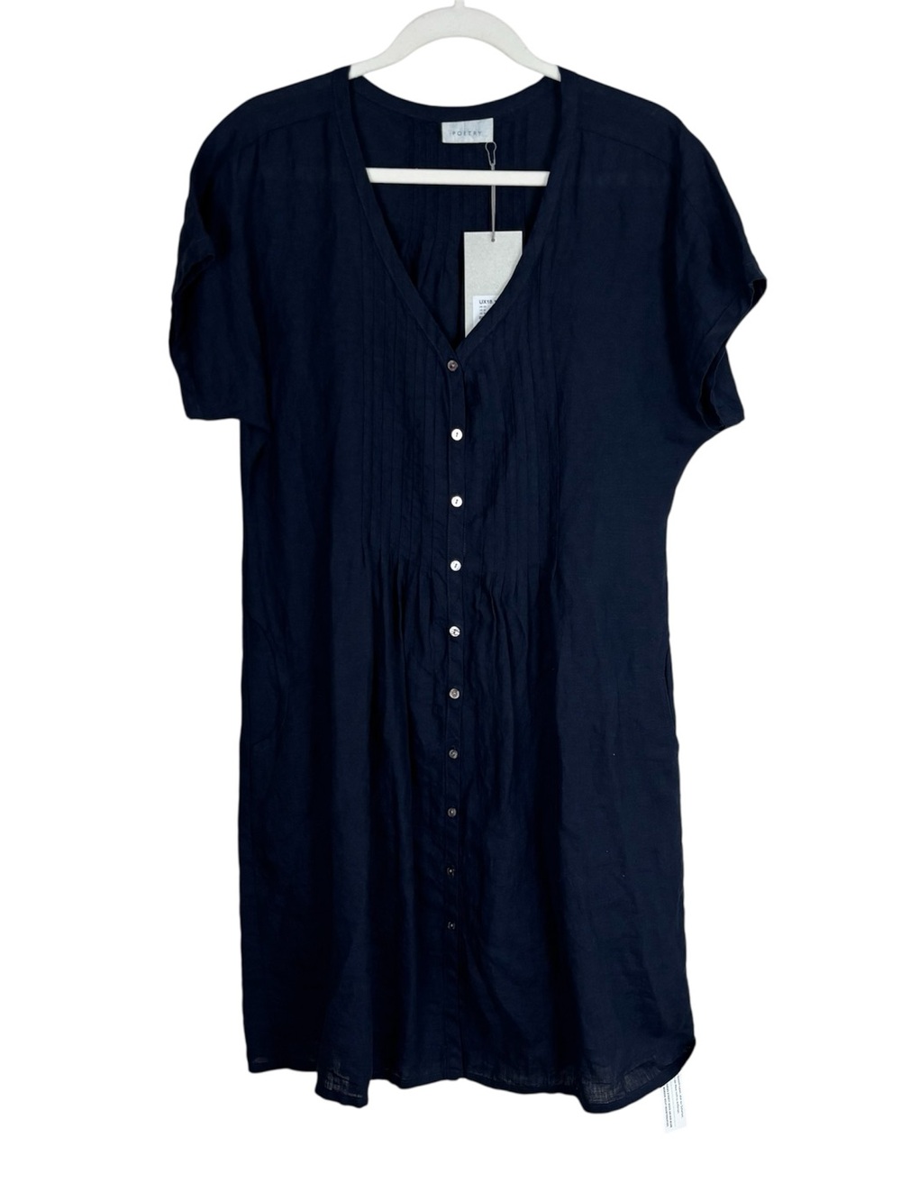 Poetry 100% Linen Pintuck Dress Women’s US 10 Navy Short Sleeve Pockets NWT UX18